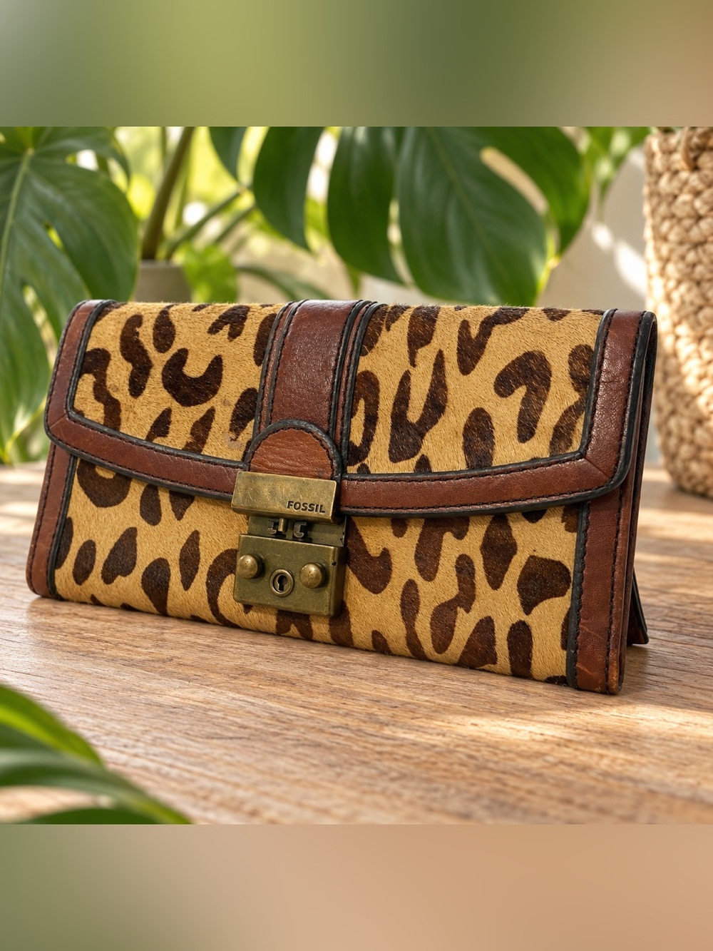 Fossil Leopard Print Clutch vintage reissue wallet trifold leather